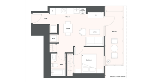 Floor plan for 1 bed, 1 bath, 483 sqft